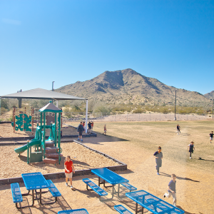 school playground with mountain view